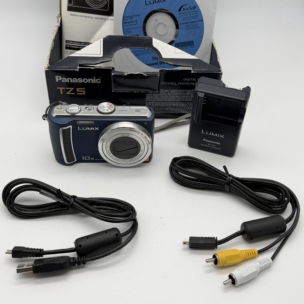 Panasonic Lumix DMC-TZ5 Blue 9.1MP Digital Camera 10x Zoom Box Charger